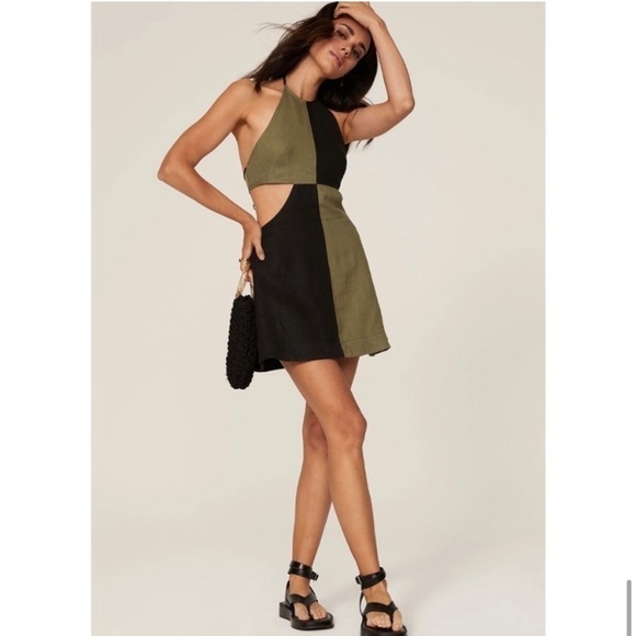 Matthew Burch Colorblock Cutout Open Back Linen Mini Halter Dress - Picture 1 of 16